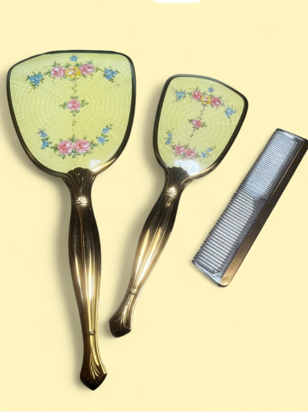 Vintage Mid Century BIRKS Guilloche Enamel Vanity Floral Dresser Set